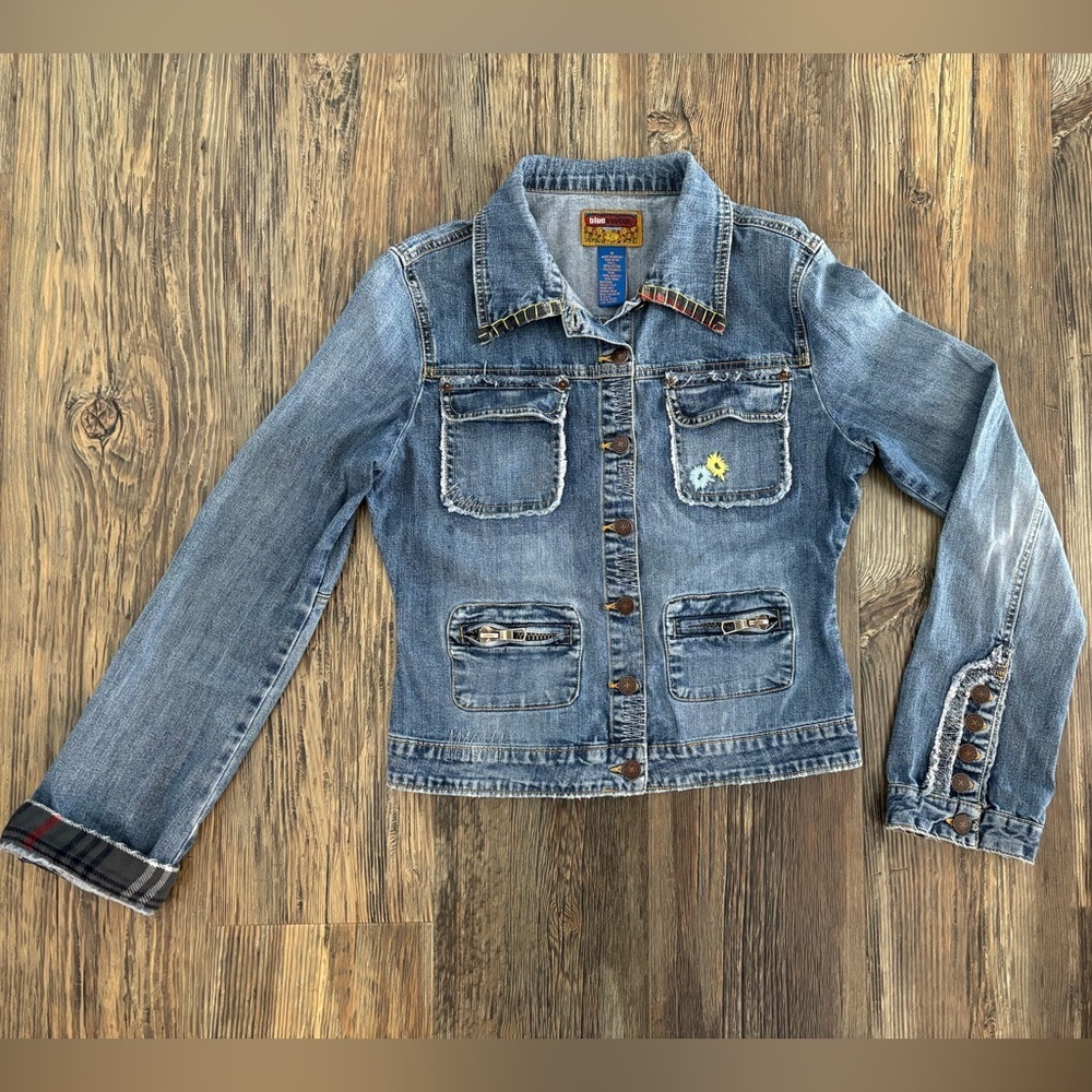 Vtg Blue Asphalt Denim Jean Jacket Womens Jrs Med Floral Embroidered Flannel Y2K